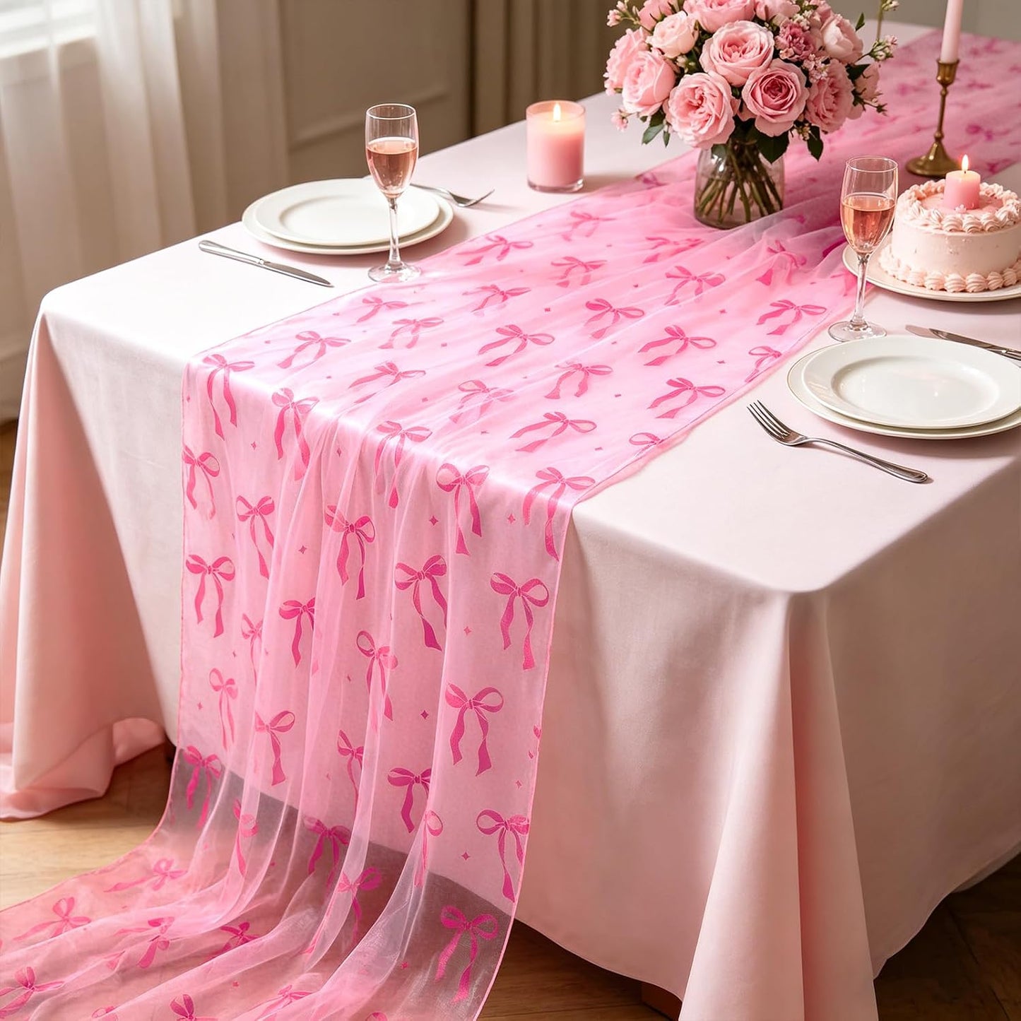 FYSUIMU Pink Bow Gauze Table Runner Coquette Bowknot Decorative Tulle Table Runner Sheer Fabric for Wedding Engagement Bridal Shower Party Coffee Tables Kitchen, 28 x 120 Inch