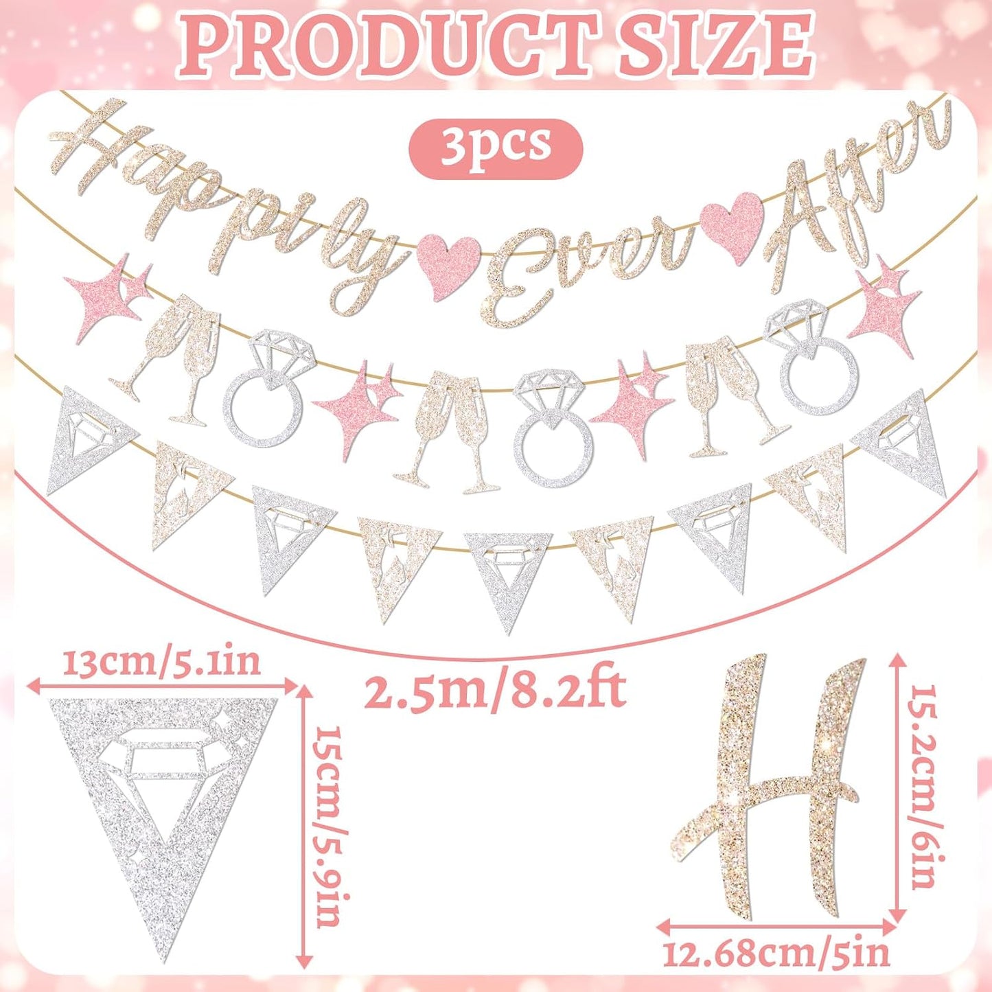 Hopecore Pre-Strung Happily Ever After Banner Set, Pink & Gold Glitter Wedding Bunting Decorations with Diamond Ring & Champagne Glass Cutouts for Bridal Shower, Engagement Party, Wedding Reception