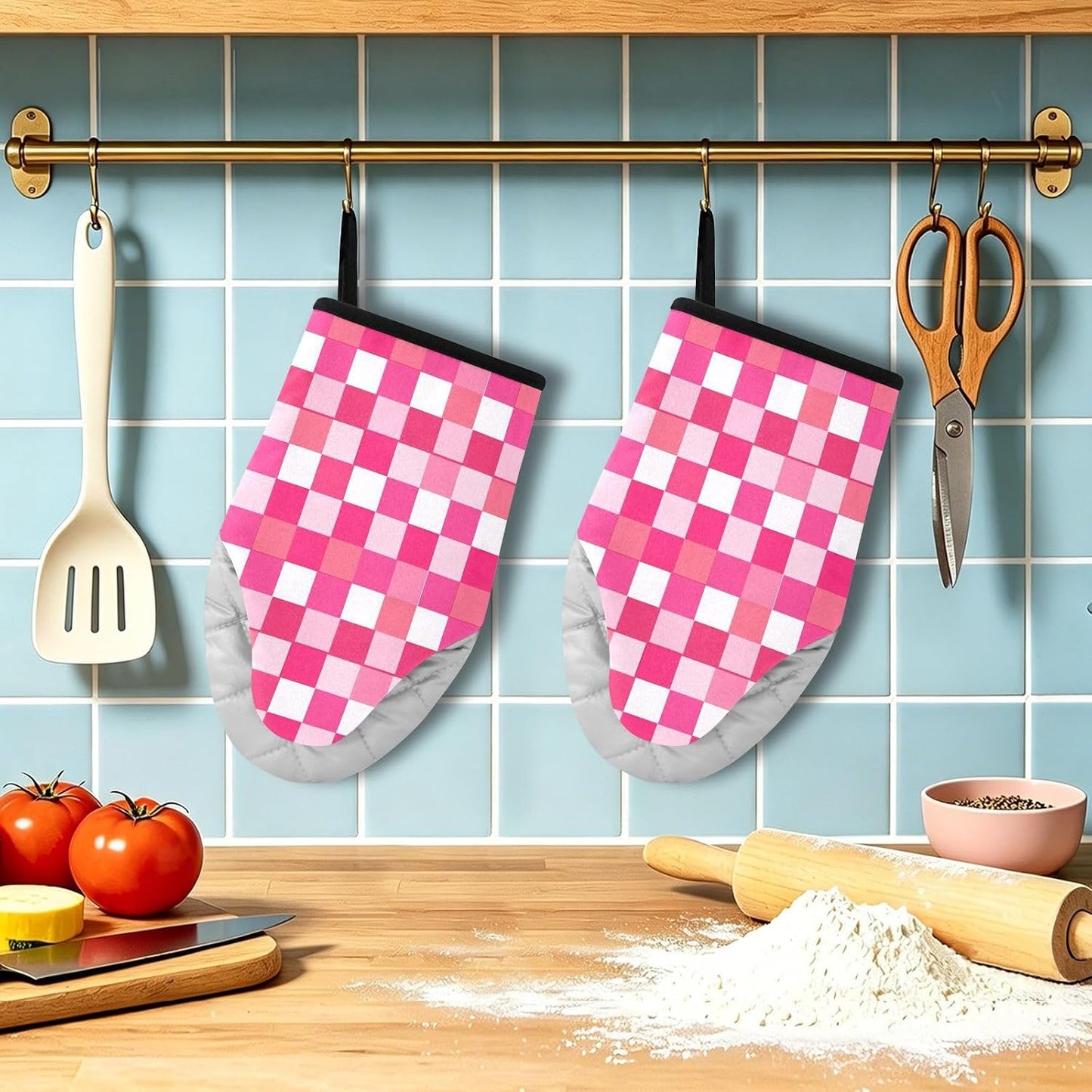Oven Mitt 2 Pack Set Bright Pink Checkered Plaid Kitchen Mitts Gloves for for Cooking Baking Grilling