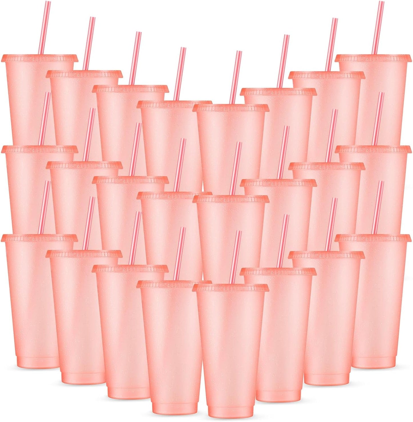 Amyhill 24 Pcs Reusable Cups with Lids and Straws 24 oz Glitter Iced Coffee Tumbler Plastic Travel Mug Cup for Smoothie Juices Birthday Sleepover Party Supplies for Girls(Light Pink)
