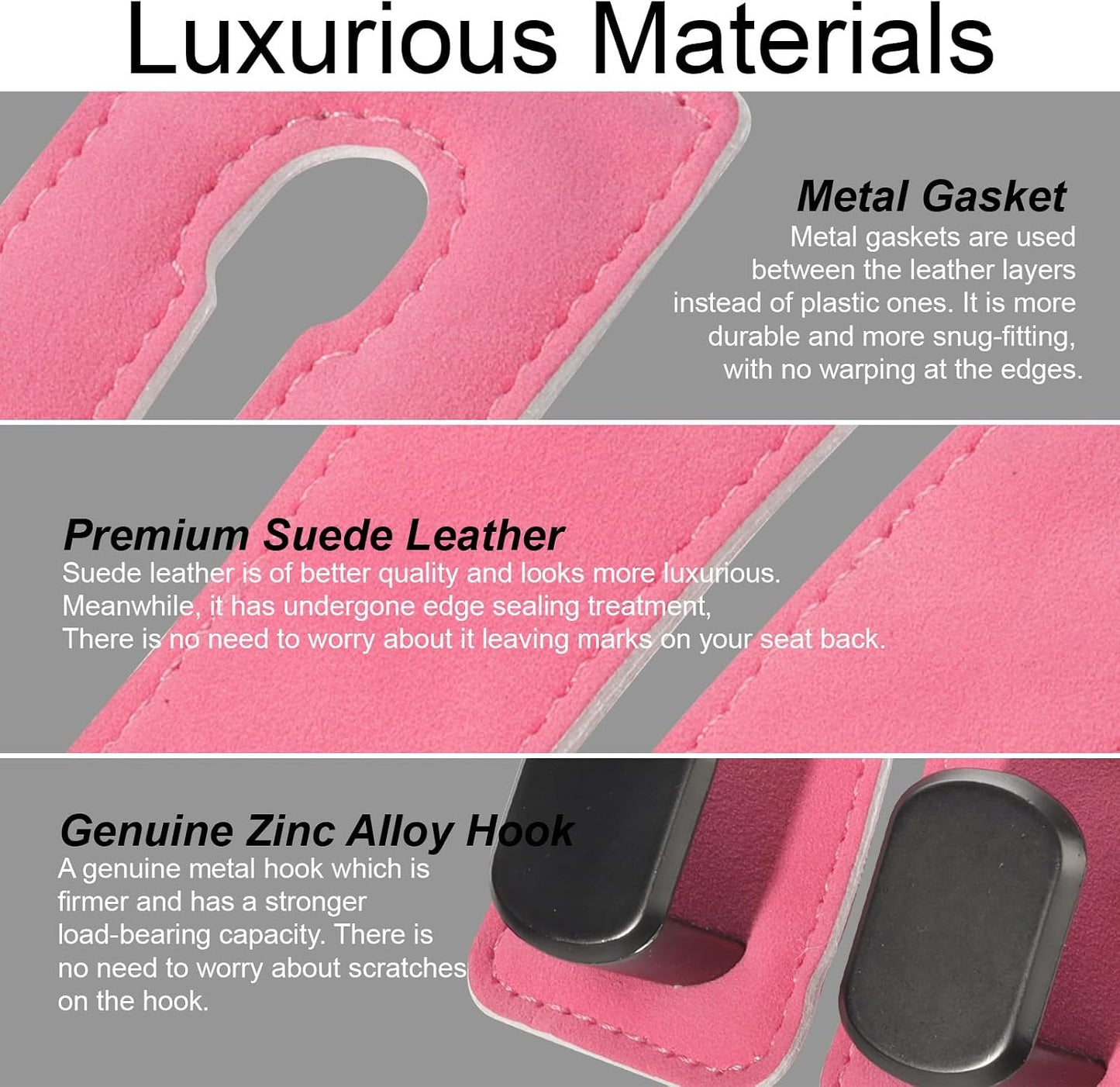 Car Seat Hooks for Headrest, Car Purse Hook & Back Storage Hook, Zinc Alloy & Suede Material Heavy Duty Car Hooks for Purses and Bags,Universal Fit for Most Vehicles (Pink-2 Pack)