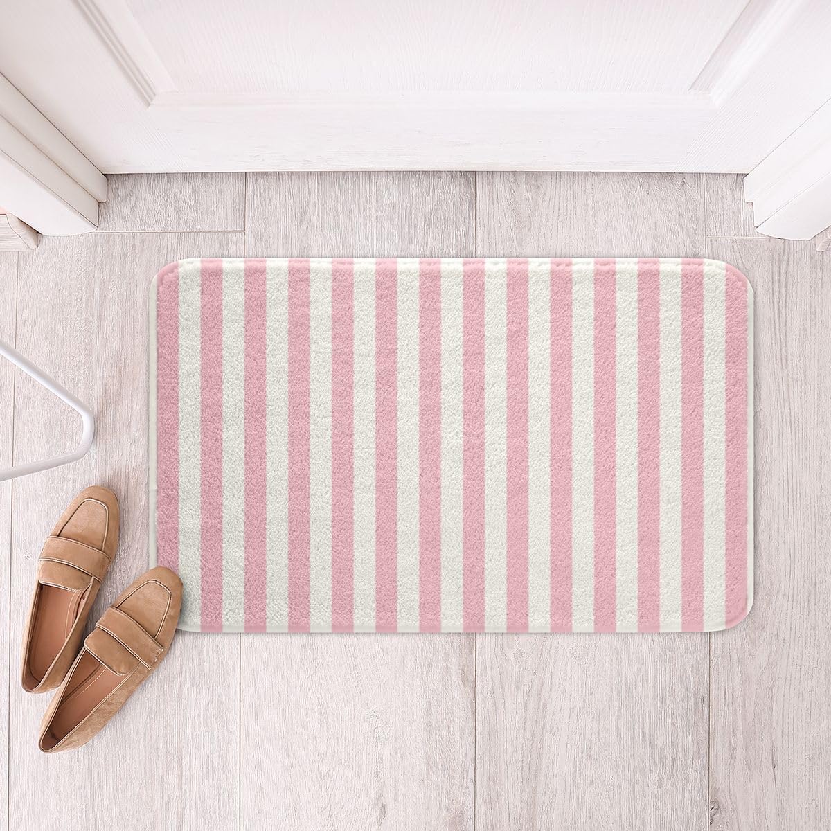 Manfei Pink White Stripes Bath Rugs Non Slip Striped Print Bathroom Mats for Kids Boys Girls Classic Vertical Stripe Polyester Fleece Carpet Machine Washable,20"x32" Modern Geometric Minimalist