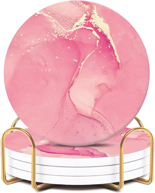 Pink Coasters Set of 4, Absorbent Ceramic Cute Coasters for Drinks with Gold Holder, Cork Backing, Home Kitchen Table Decor
