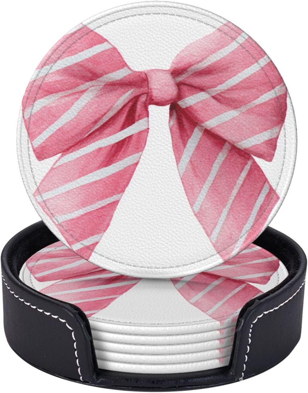Light Pink Watercolor Bow with White Stripes Premium Leather Coasters, Set of 6 with Holder, Stylish Beverage Coasters for Kitchen Coffee Bar