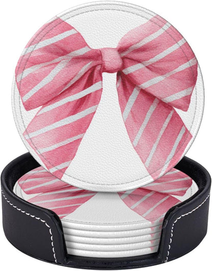 Light Pink Watercolor Bow with White Stripes Premium Leather Coasters, Set of 6 with Holder, Stylish Beverage Coasters for Kitchen Coffee Bar