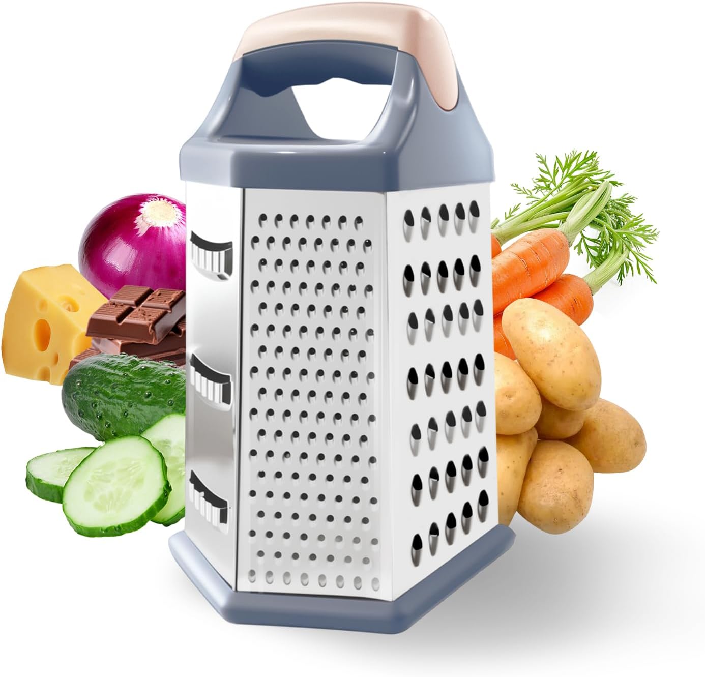 Box grater for kitchen 6 Sided - Cheese Graters Handheld, Stainless Steel Shredder for Food Vegetable Carrot Potato Tomato (Pink)