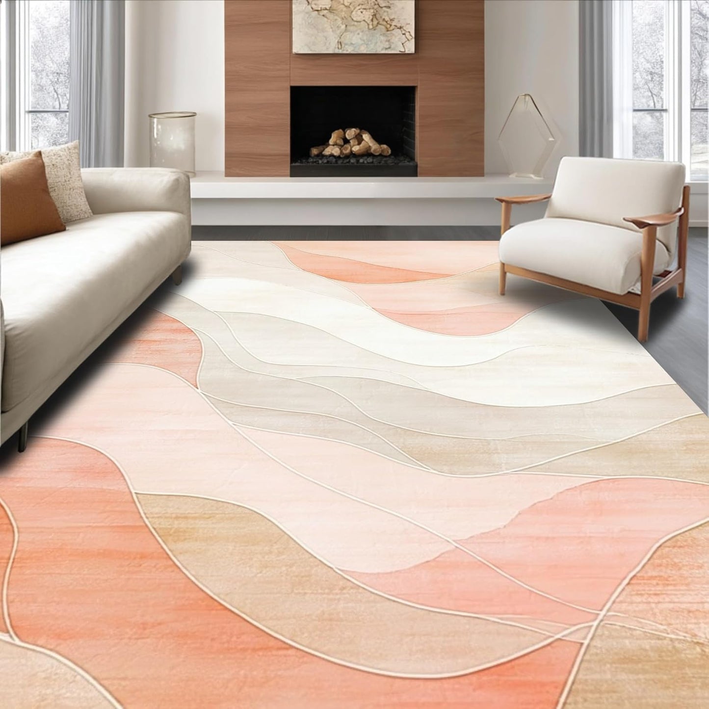 Flatwoven High Traffic Area Rug 4x6, Peachy Pastel Gradient Featuring Swirling Wave, Non Slip, Stain Resistant, Washable Area Rugs for Living Room, Bedroom (Peach, 4x6)