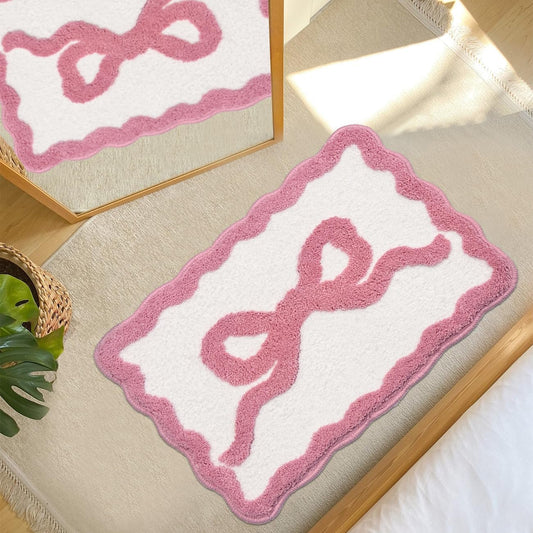 Scalloped Bath Mat Pink Bow Bathroom Rugs Extra Soft Cute Preppy Aesthetic Decor Bath Rug Water Absorbent Quick Dry Non Slip Bath Mats for Bathroom Tub Sink Shower Floor Carpet, 20" x 32"