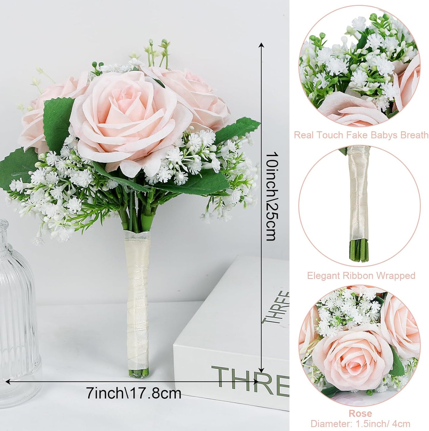 Set of 4 Wedding Bridesmaid Bouquet -7 Inch Artificial Rose & Babys Breath Bouquets for Bridesmaid, Pre-Made Wedding Silk Flowers Bouquet, Small Bridesmaids Bouquet Sets -Peach Pink