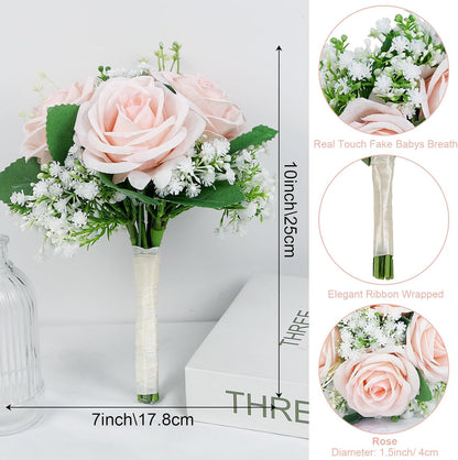 Set of 4 Wedding Bridesmaid Bouquet -7 Inch Artificial Rose & Babys Breath Bouquets for Bridesmaid, Pre-Made Wedding Silk Flowers Bouquet, Small Bridesmaids Bouquet Sets -Peach Pink