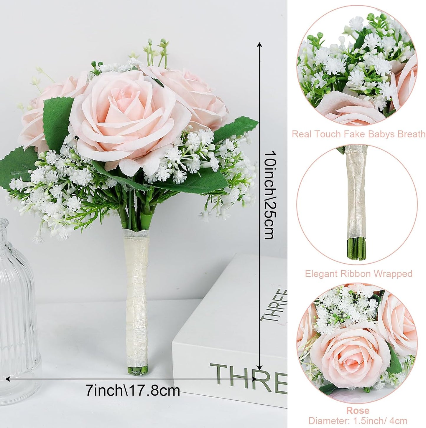 Artificial Bridesmaid Bouquets Set of 6 - 7 Inch Bridesmaid Flower Bouquet Peach Pink Rose Babys Beath Small Floral Bouquet for Wedding Holding Flowers,Bridal Shower Wedding Ceremony Anniversary