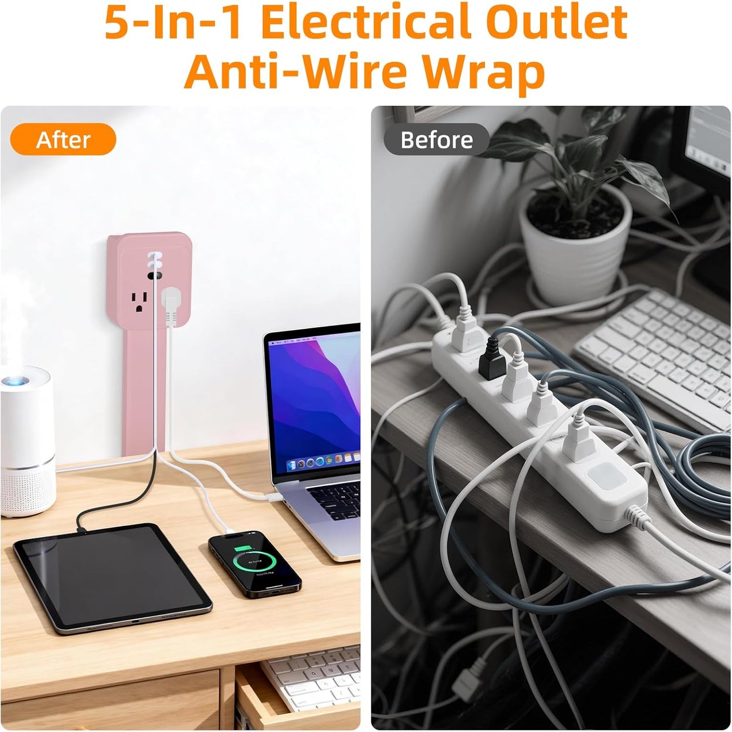 Outlet Extender 17-41in，Upgrade Stable USB-A&USB-C Wall Outlet Extender Made of Fireproof Material，Wall Plug Extender Anti-Wires-Chaos，with 4 Fixed Angles Suit for Outlet Behind Desk, Sofa（Pink）
