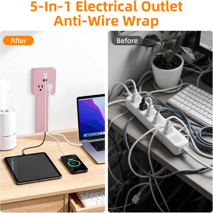 Outlet Extender 17-41in，Upgrade Stable USB-A&USB-C Wall Outlet Extender Made of Fireproof Material，Wall Plug Extender Anti-Wires-Chaos，with 4 Fixed Angles Suit for Outlet Behind Desk, Sofa（Pink）