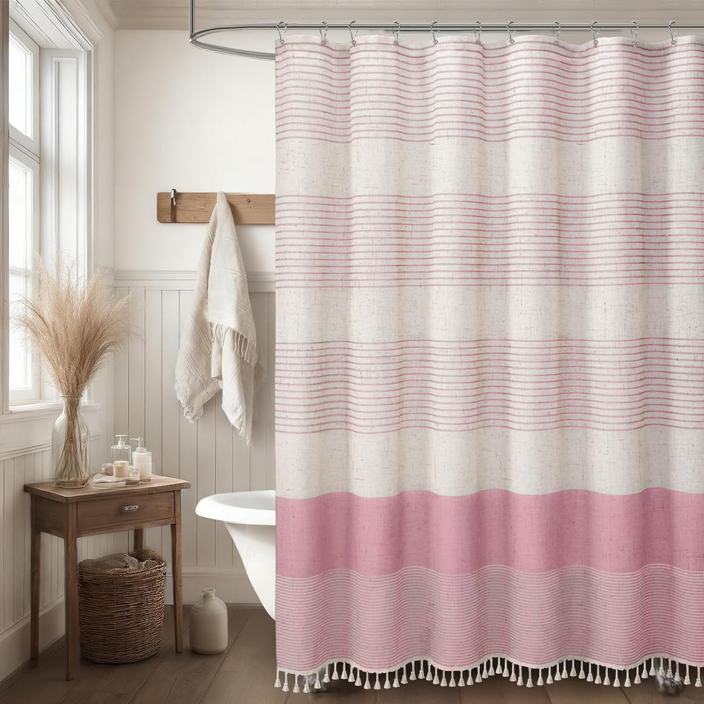 Pink Shower Curtain Boho Linen Striped Shower Curtains for Bathroom with Tassel 72 X 72