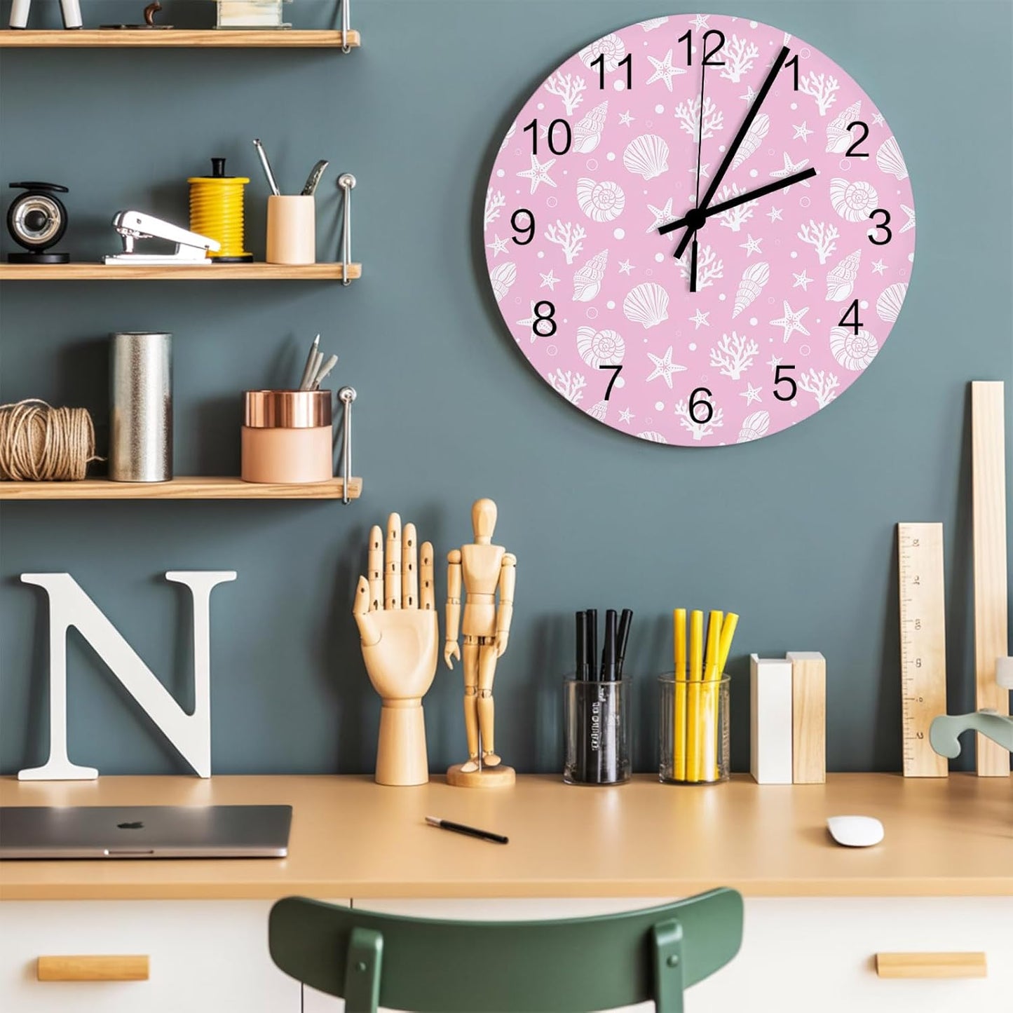 Marine Life Wall Clock Battery Operated Non-Ticking 12" Round Wood Clocks, Ocean Coral Shell Starfish Pink Kitchen Wall Clock for School Bathroom Living Room Home Office Wall Decor