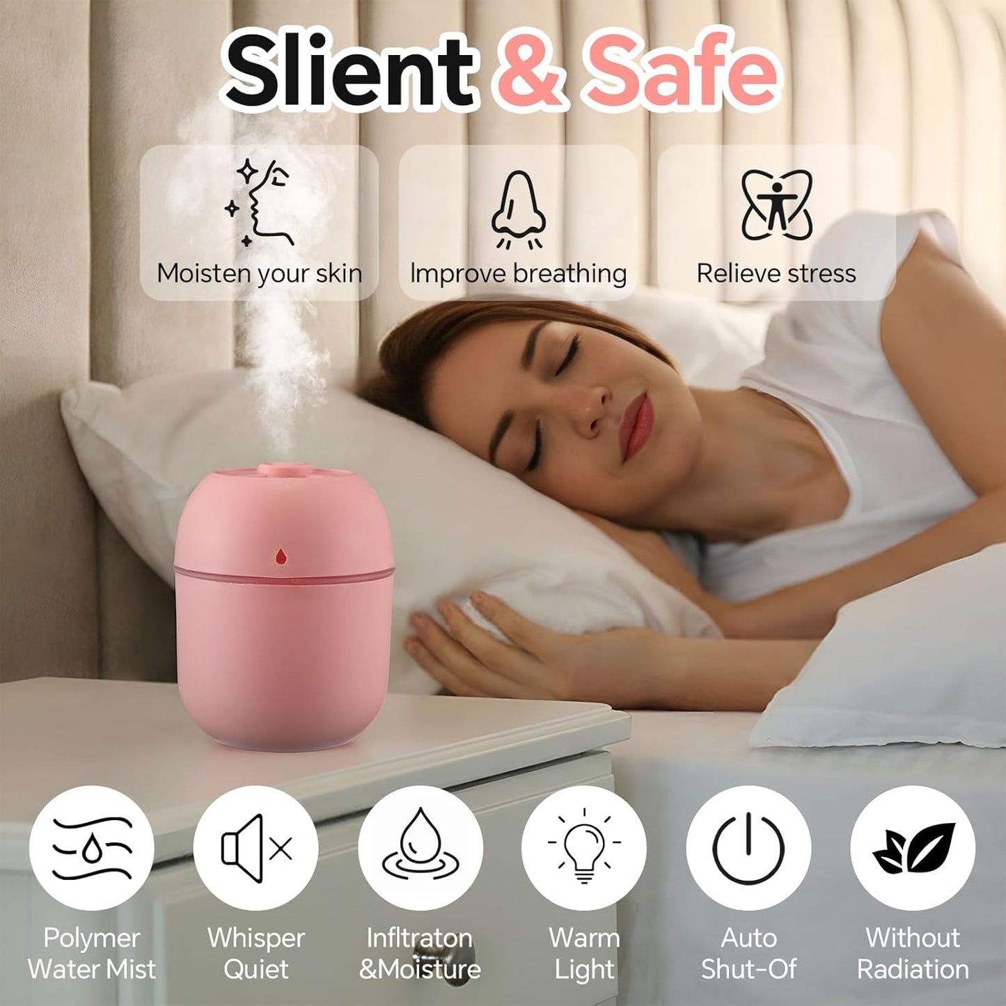 Hortsun 12 Pcs Portable Small Humidifier USB Personal Desktop 220 ml Mini Humidifier for Bedroom Plants Car Office Room Home Travel (White,Pink)