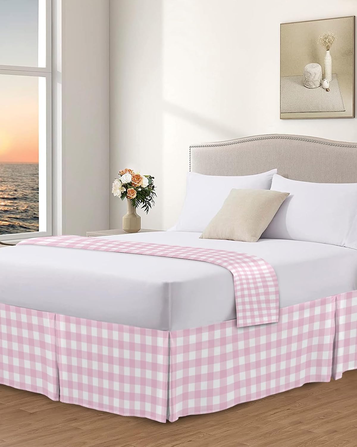Bed Skirts Queen Size 16 Inch Tailored Drop Peach Pink Buffalo Checked Plaid Wrap Around Bed Skirt with Split Corners Hotel Quality Bedskirt Classic Grid Dust Ruffle for Queen Bed Skirt Bedroom Decor