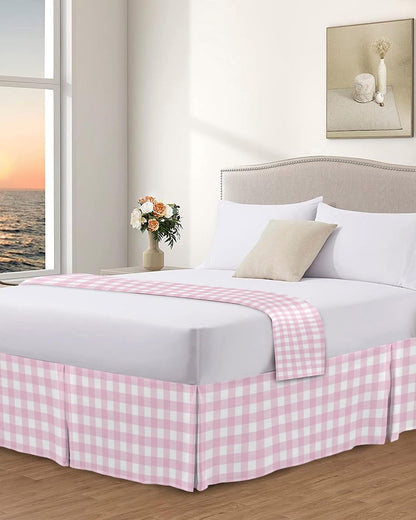 Bed Skirts Queen Size 16 Inch Tailored Drop Peach Pink Buffalo Checked Plaid Wrap Around Bed Skirt with Split Corners Hotel Quality Bedskirt Classic Grid Dust Ruffle for Queen Bed Skirt Bedroom Decor