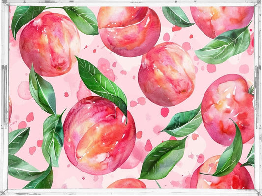 Watercolor Peach Acrylic Serving Tray with Handles, 12x16 Inch Spill Proof Clear Decorative Tray for Ottoman Coffee Table Countertop