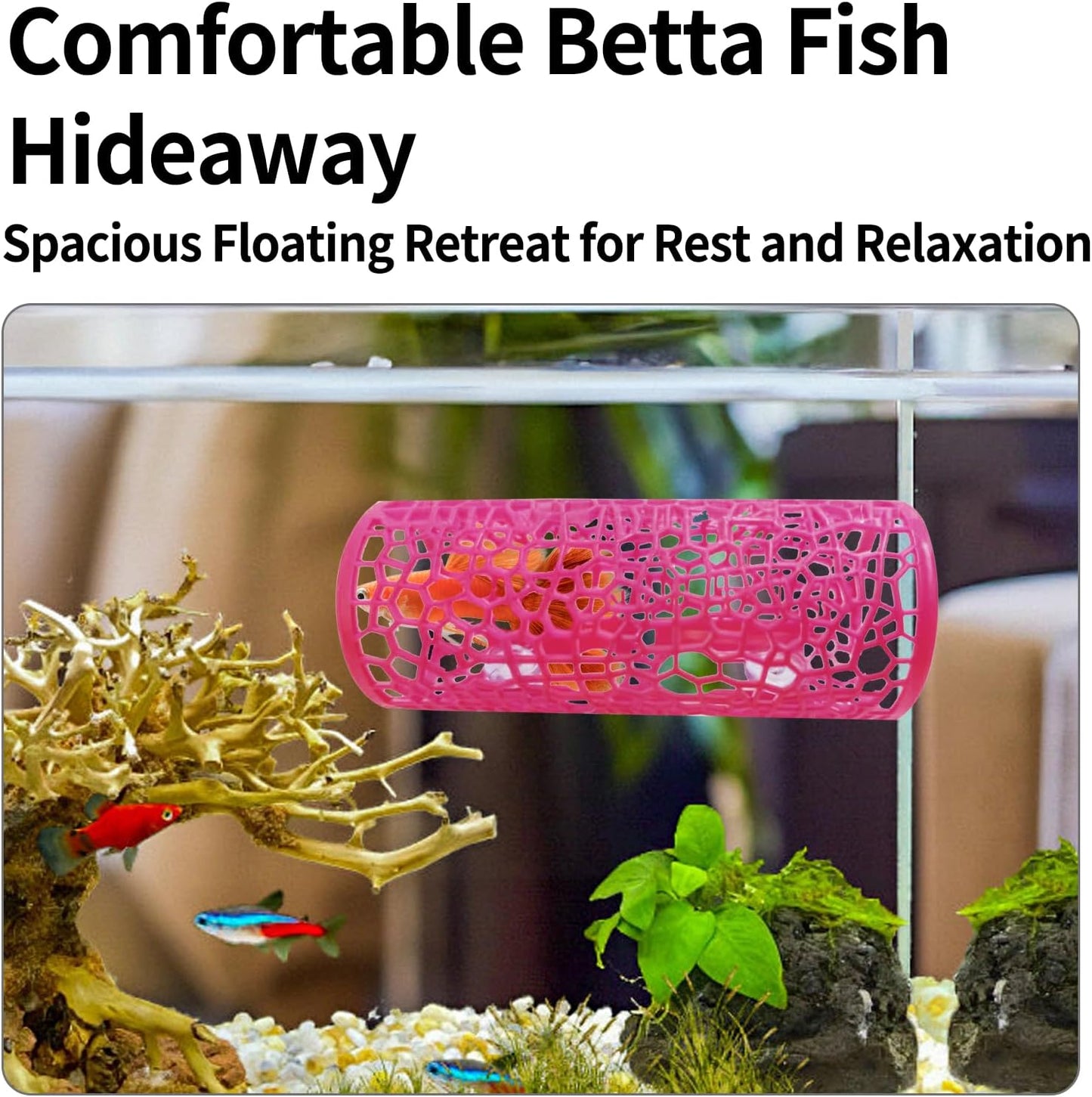 Betta Tunnel Hideout Pink Floating Fish Cave with Suction Cups Betta House for Play Rest and Breeding Aquarium Decor Small Fish Tank Safe Resin Betta Toys and Hide Shelter