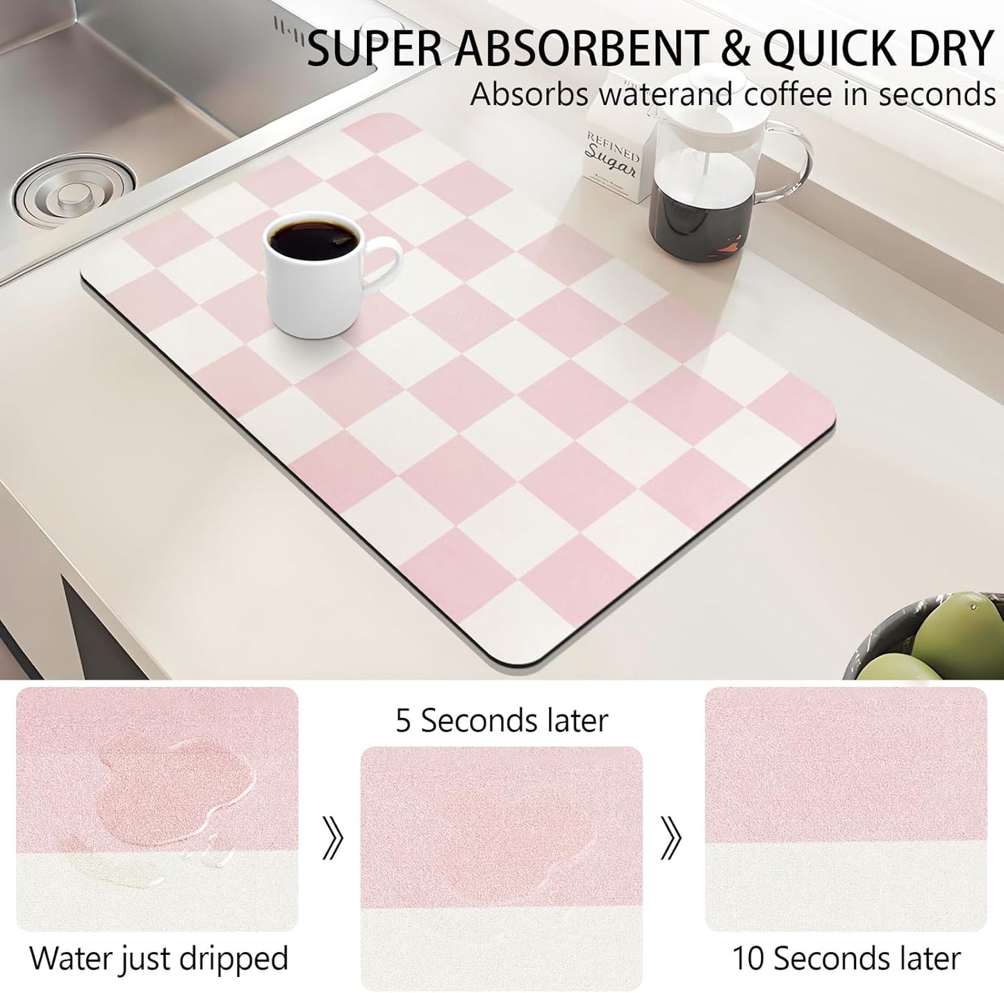 Dish Drying Mat for Kitchen Counter,16"x 24" Super Absorbent Kitchen Dish Drying Pad, Heat Resistant Drainer Mats with Non-slip Rubber Backed, Pink Checkered Coffee Bar Station Accessories