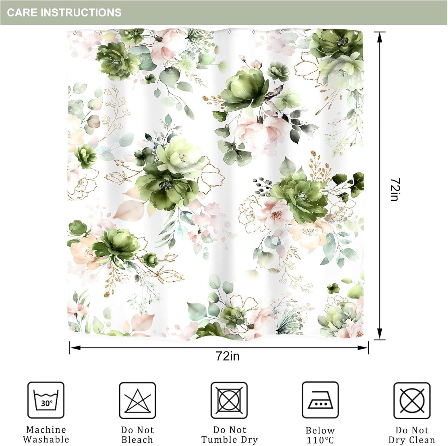 Riyidecor Green Gold Floral Shower Curtain for Bathroom Decor 72Wx72H Cute Boho Rose Flower Botanical Spring Blossom Leaves Girly Sage Art Printed Fabric Polyester Waterproof 12 Pack Hooks