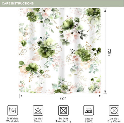 Riyidecor Green Gold Floral Shower Curtain for Bathroom Decor 72Wx72H Cute Boho Rose Flower Botanical Spring Blossom Leaves Girly Sage Art Printed Fabric Polyester Waterproof 12 Pack Hooks