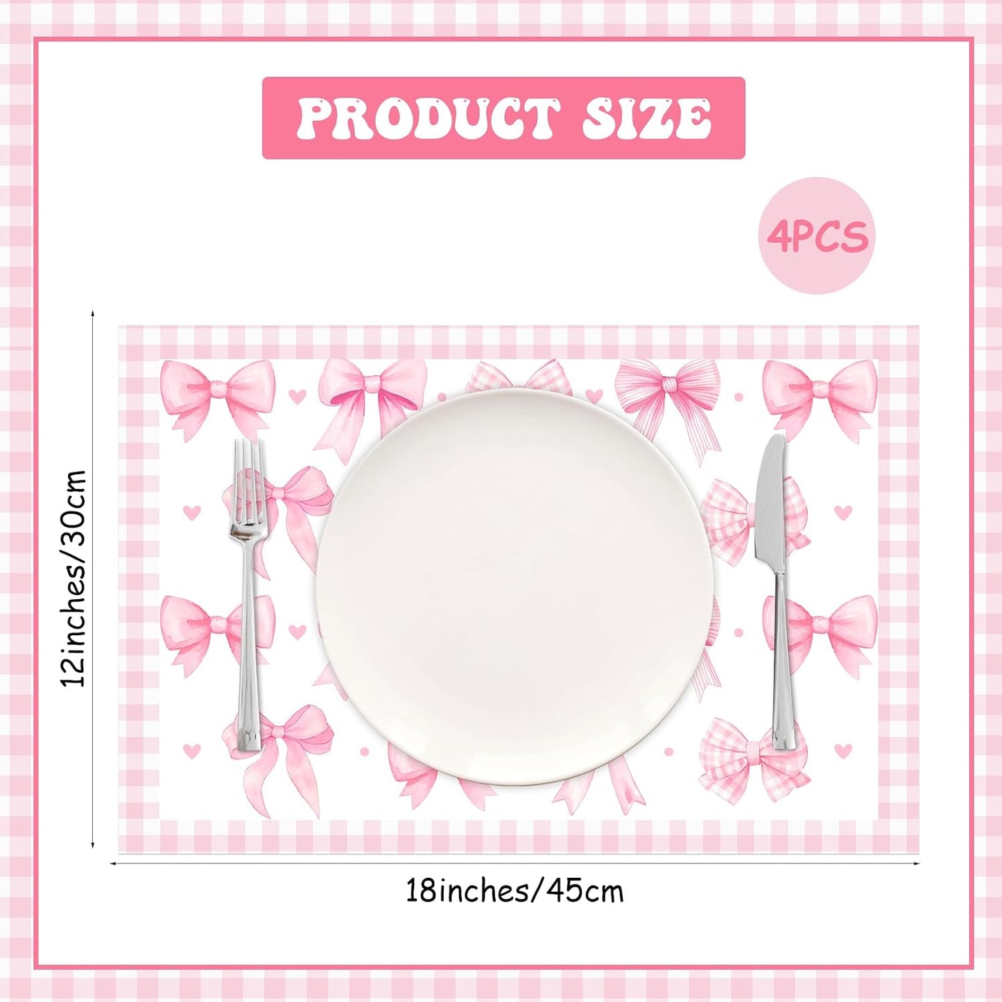 Pink Bow Theme Place Mats Set of 4, Bow Theme Home Decor, Non-Slip Linen Washable Reusable Table Mats for Indoor Outdoor Kitchen Dining Table Home Decorations 12 x 18 Inches