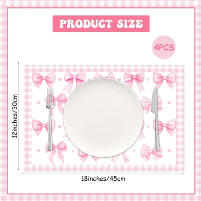Pink Bow Theme Place Mats Set of 4, Bow Theme Home Decor, Non-Slip Linen Washable Reusable Table Mats for Indoor Outdoor Kitchen Dining Table Home Decorations 12 x 18 Inches