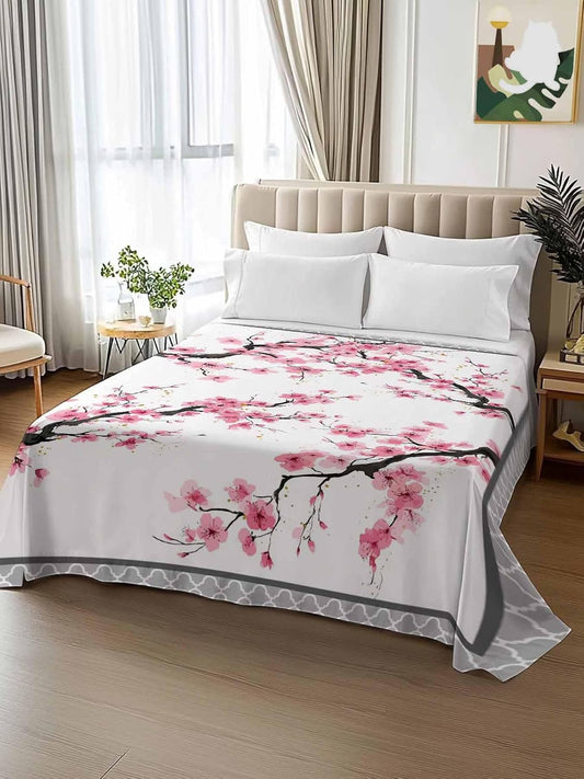 Spring Pink Flowers Full Size Sheets - Hotel Quality Full Flat Sheet Only 1 Pack, Botanical Peach Blossoms Floral Soft Bed Sheet Brushed Microfiber Bedding Top Sheets for Home Dorm