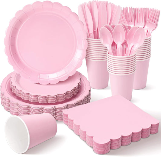 Vyntra 350 Pcs Pink Paper Plates and Napkins Set for 50, 9" Dinner Plates & 7" Dessert Plates, Tableware for Birthday Party, Mother's Day