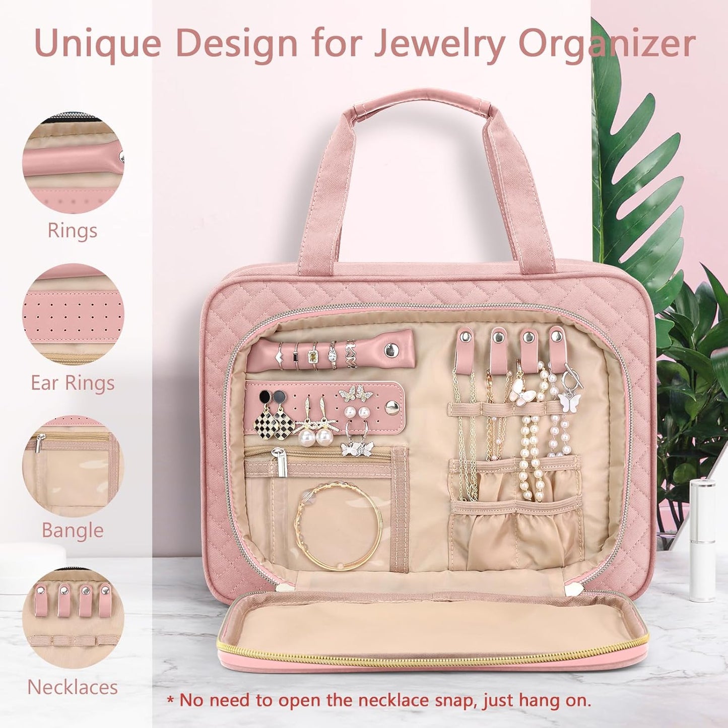 Wedama Toiletry Bag for Women, Hanging Travel Toiletry Bag with Jewelry Organizer Compartment Large Makeup Bag, PVC Waterproof Cosmetic Travel Bag for Travel Business Trips Camping Bathroom, Pink