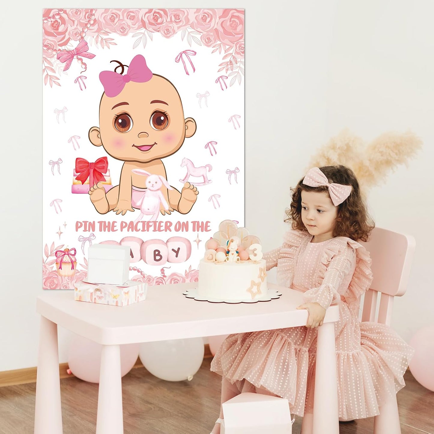 Pin The Pacifier On The Baby Party Games, Pink Baby Shower Decoration Bow Party Decorations with Large Poster 48 Pacifier Stickers Game for Baby Shower Party Bow Coquette Birthday Decorations