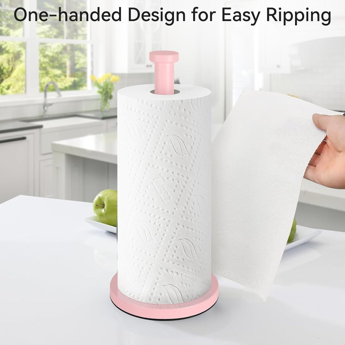 Pink Paper Towel Holder Countertop, Stainless Steel Paper Towel Roll Holder for Kitchen Bathroom, with Weighted Base for One-Handed Operation, Pink Paper Towel Holder