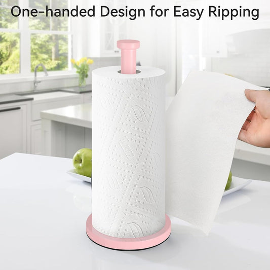 Pink Paper Towel Holder Countertop, Stainless Steel Paper Towel Roll Holder for Kitchen Bathroom, with Weighted Base for One-Handed Operation, Pink Paper Towel Holder