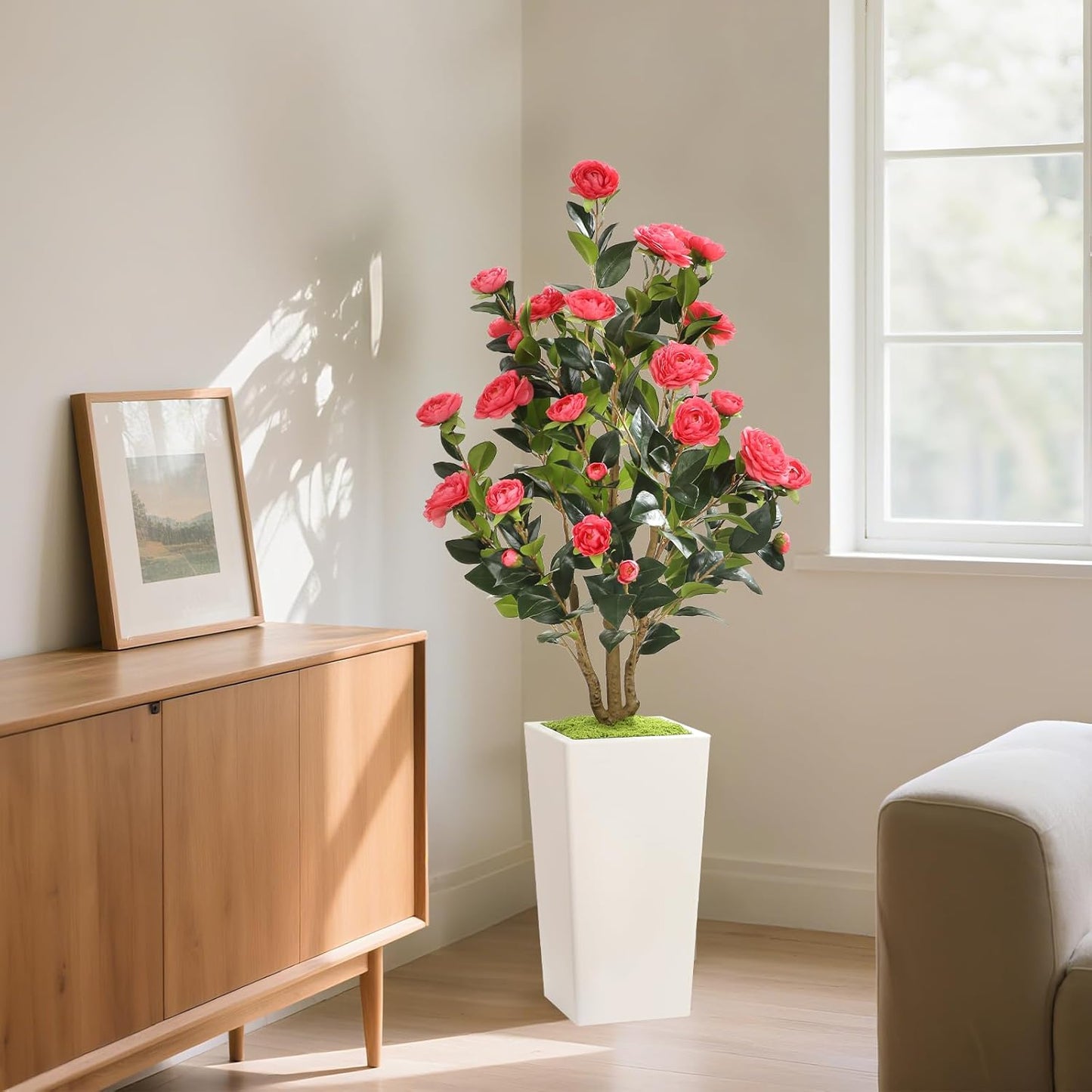 Romantic Season 4FT Artificial Camellia Tree with White Tall Planter, Pink Faux Camellia Plant Flower Tree for Modern Home Office Living Room Floor Décor Outdoor Indoor，Pink