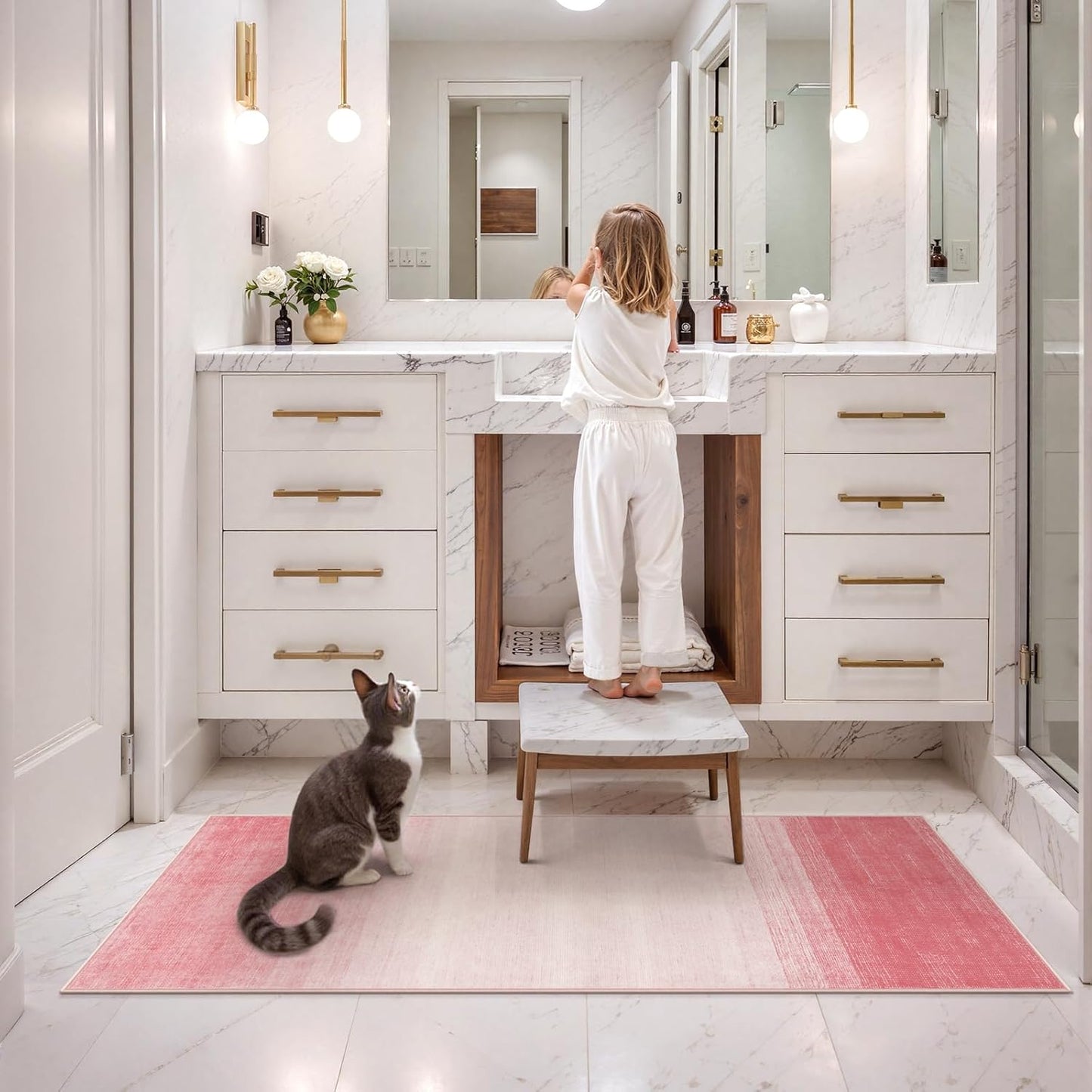 Wonnitar Washable Pink Rug Runners 2x6, Modern Ombre Bathroom Runner Rug, Contemporary Non-Slip Hallway Runner, Gradient Bedroom Girls Carpet Runner for Laundry Room Bath (Pink, 2'x6')