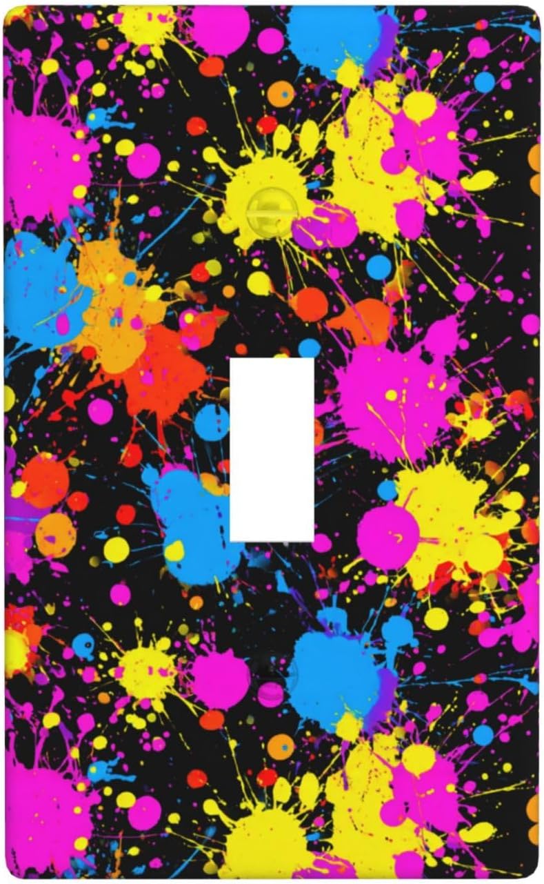 Neon Abstract Pink Blue Yellow Paint Splatter Light Switch Cover Decorative Single Toggle 1 Gang Wall Plate For Kitchen Farmhouse Bedroom Bathroom Art Decor