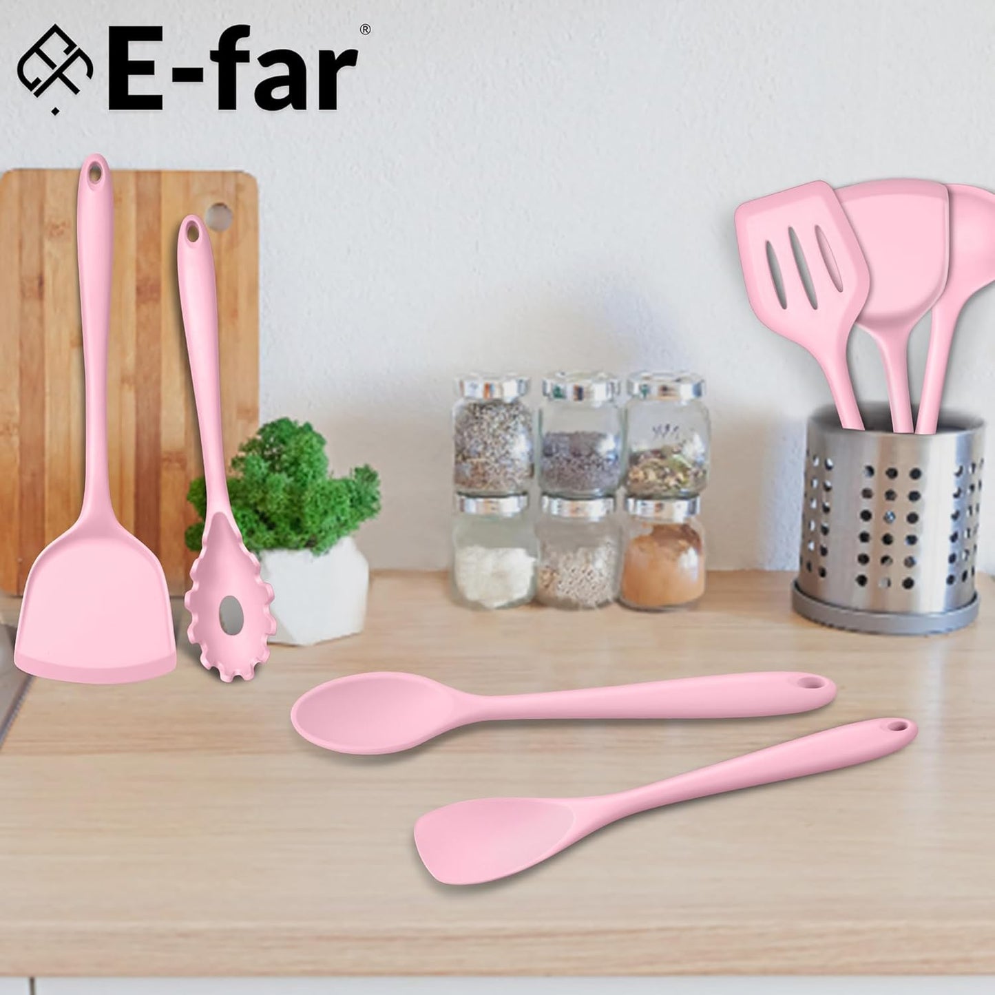 E-far Pink Silicone Cooking Utensils Set, 10-Piece Kitchen Utensil Set for Nonstick Cookware, Silicone Kitchen Tools with Spatula Turner Spoon Tongs Whisk, Heat Resistant & Non-Toxic, Dishwasher Safe
