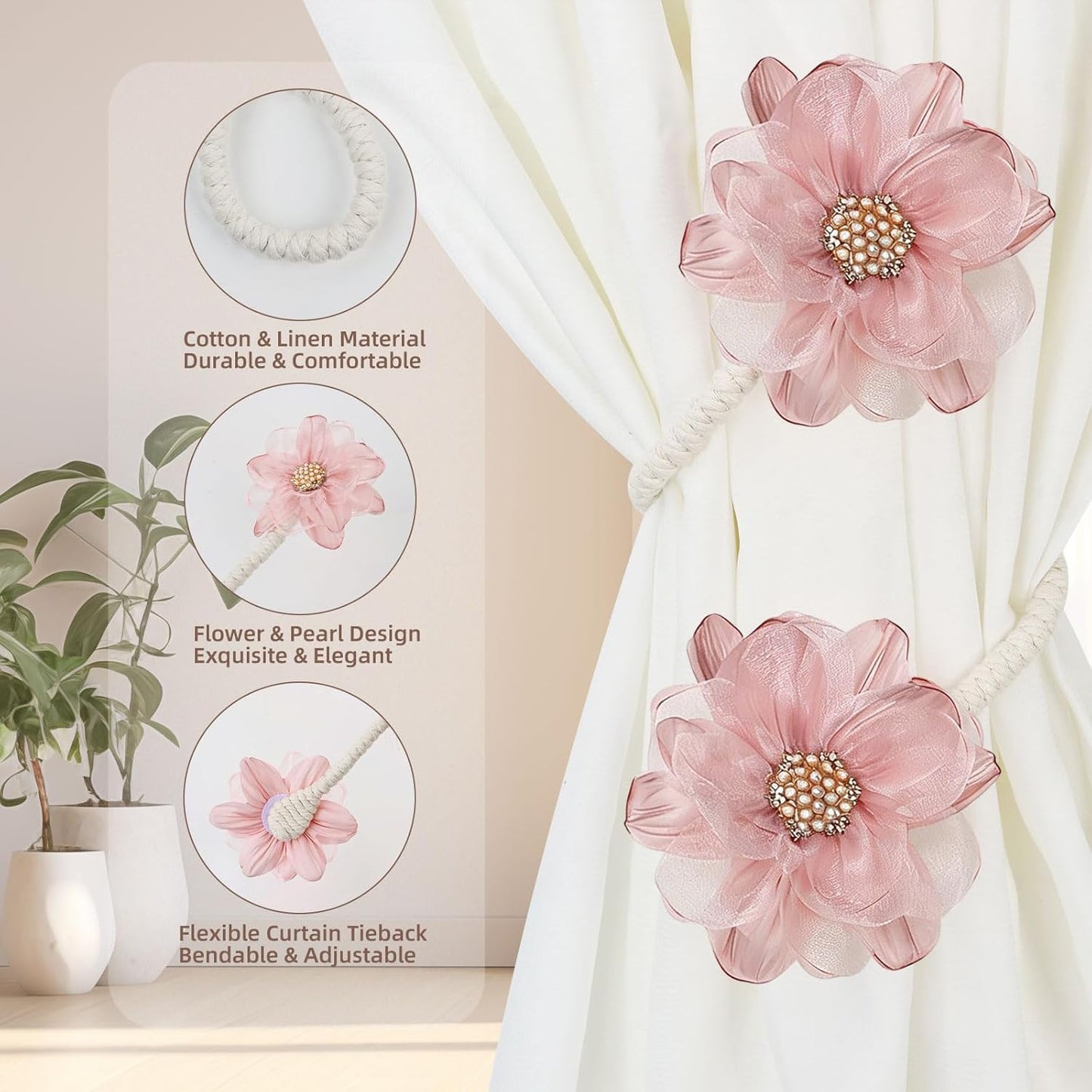 AULEEP 2 Pack Flower Curtain Holdbacks, No Drill Curtain Tiebacks for Drapes, Premium Fabric Curtain Ties, Decorative Curtain Tie Backs for Home Living Room Bedroom Nursery, Pink