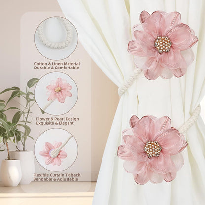 AULEEP 2 Pack Flower Curtain Holdbacks, No Drill Curtain Tiebacks for Drapes, Premium Fabric Curtain Ties, Decorative Curtain Tie Backs for Home Living Room Bedroom Nursery, Pink