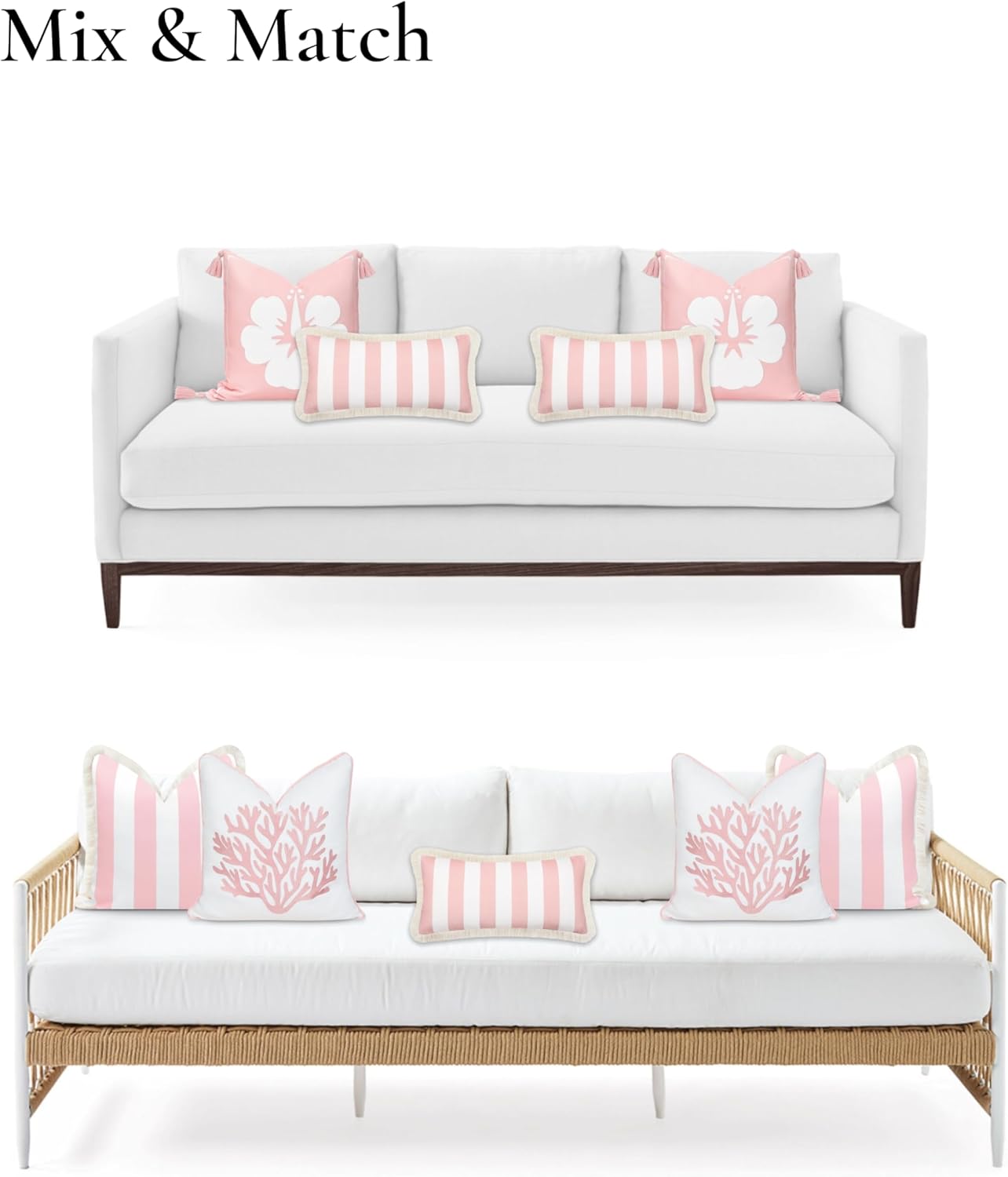 Hofdeco Premium Coastal Patio Indoor Outdoor Long Lumbar Pillow Cover Only, 12"x26" Water Repellent for Backyard, Couch, Blush Pink Stripes with Fringe