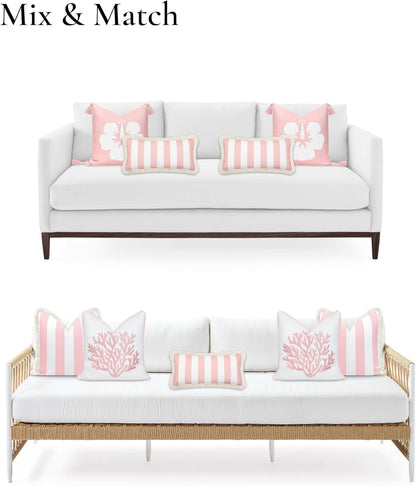Hofdeco Premium Coastal Patio Indoor Outdoor Long Lumbar Pillow Cover Only, 12"x26" Water Repellent for Backyard, Couch, Blush Pink Stripes with Fringe