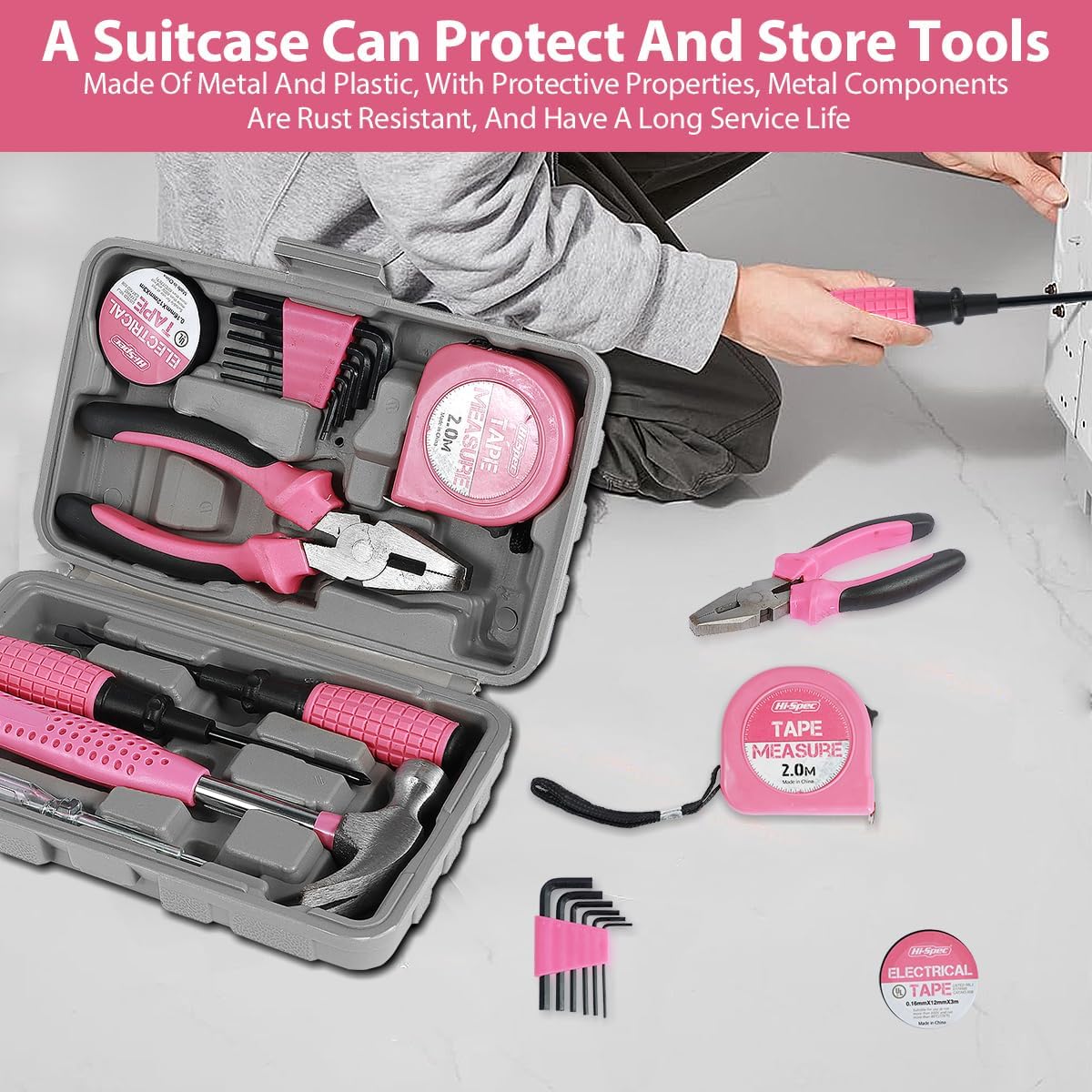 13/24Pcs Household Repair Tool Kit Multi-Purpose Pink Home Hand Tool Set with Storage Case Hammer and Allen Key Set with Electrical Tape Screwdriver Test Pen Plier Bits QUZHEMA_US