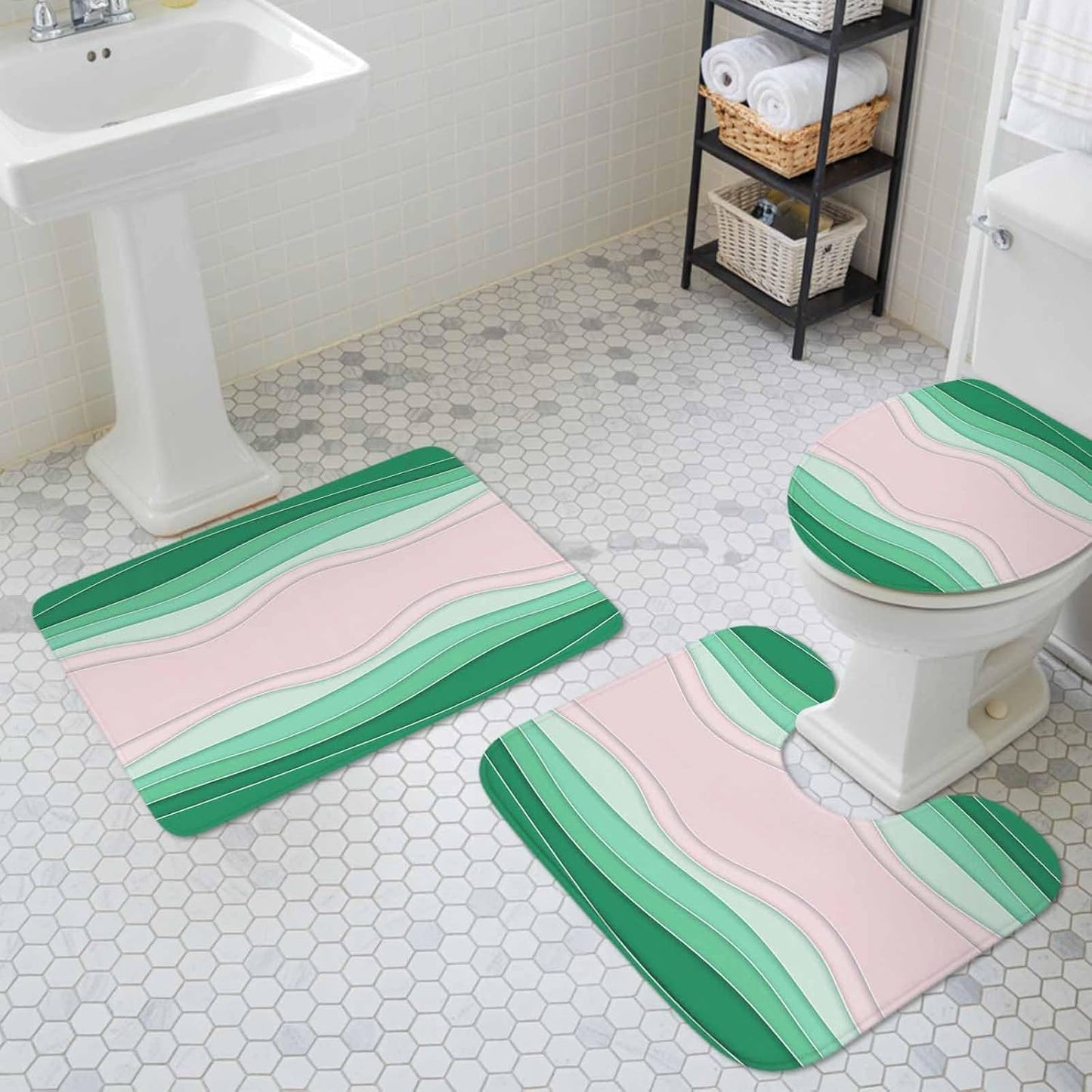 Green Stripes Bathroom Rug Sets 3 Piece, Non Slip Bath Mat, Light Pink Ombre Simple Abstract Lines Absorbent Floor Mats Bath Rugs with U-Shaped Contour Rug Toilet Lid Cover Bathroom Decor Large
