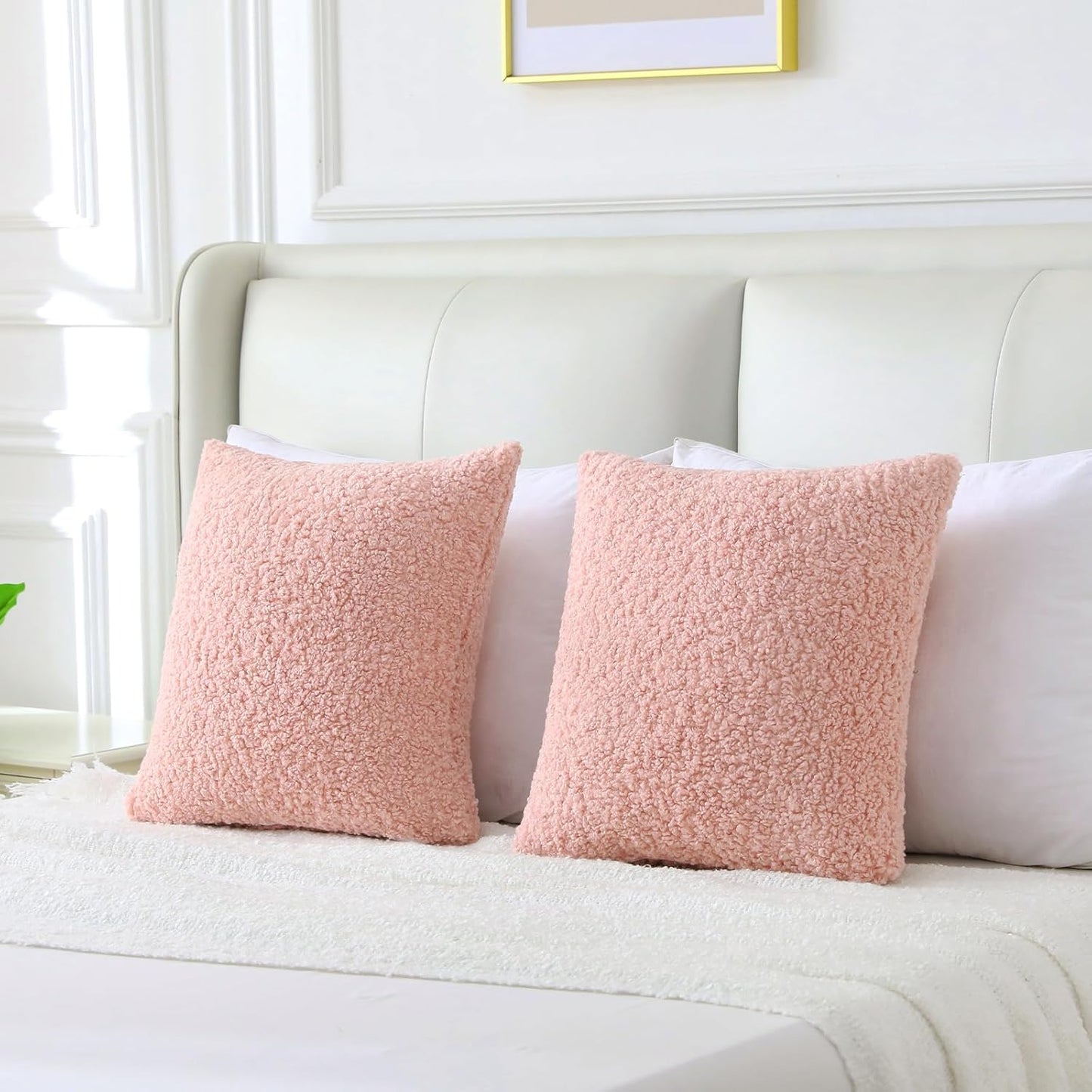 FUTEI Pink Throw Pillow Covers 18x18 Inch Set of 2,Furry Faux Fur Teddy Boucle Textured Cushion Covers,Soft Fluffy Decorative Pillow Case,Home Decor for Couch Bed Living Room Office