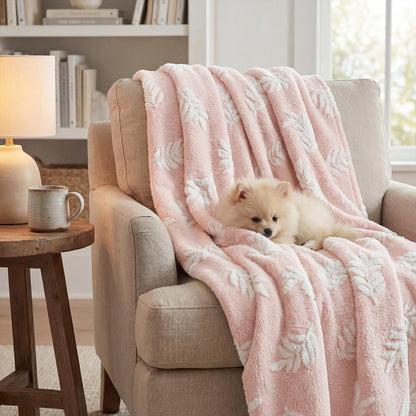 Horaldaily Pets Flannel Blanket, Pink Leaves 3D Textured Soft Fuzzy Fluffy Plush Cozy Fleece Premium Blankets for Dog Cat Puppy Kitten Couch Protection, 20x30