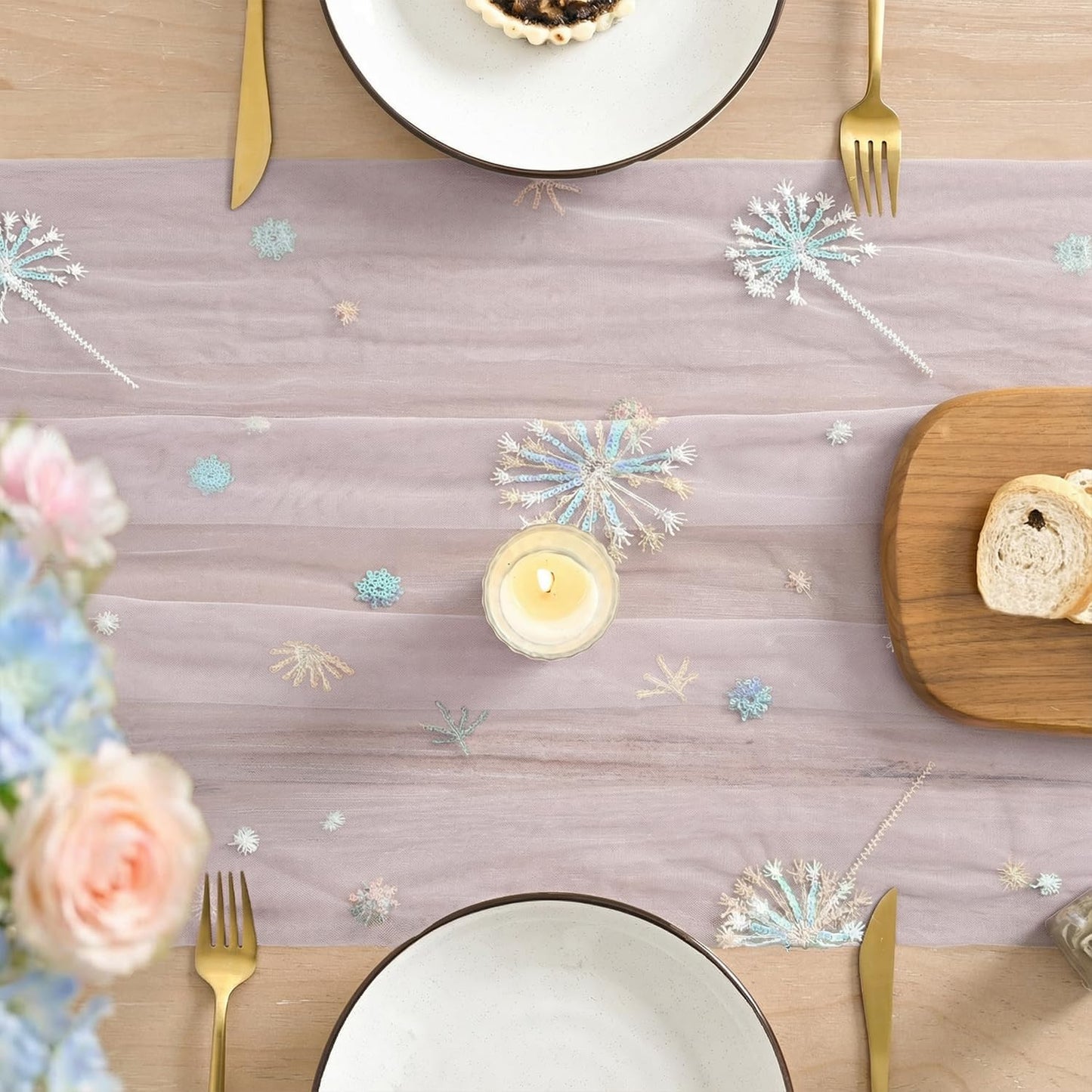 Artoid Mode Sequin Dandelion Floral Pink Gauze Embroidery Table Runner 120 Inch 10FT, Tulle Spring Kitchen Dining Holiday Table Decor for Home Party