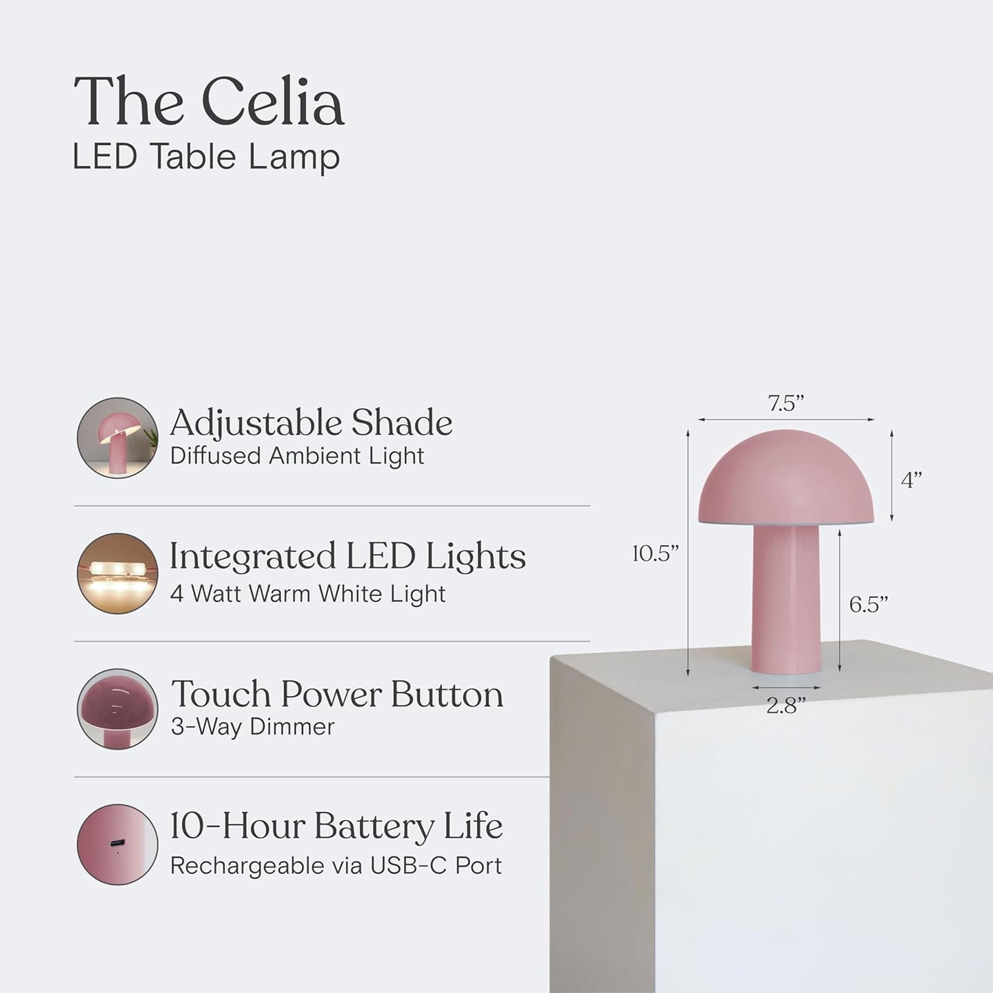 Brightech Celia Mood Lamp – 10" Touch-Controlled Mushroom Table Lamp, Cordless & Dimmable LED, Portable & Rechargeable Bedside Night Light, Sustainable Recycled Modern Patio Lamp for Home Décor – Pink