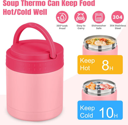 HWONMTE 10.5oz Soup Thermo for Hot Food Kids Adults Insulated Food Jar with Handle Width Mouth Leak Proof Food Containers Stainless Steel Lunch Box for Office School Travel Outdoors (Pink)